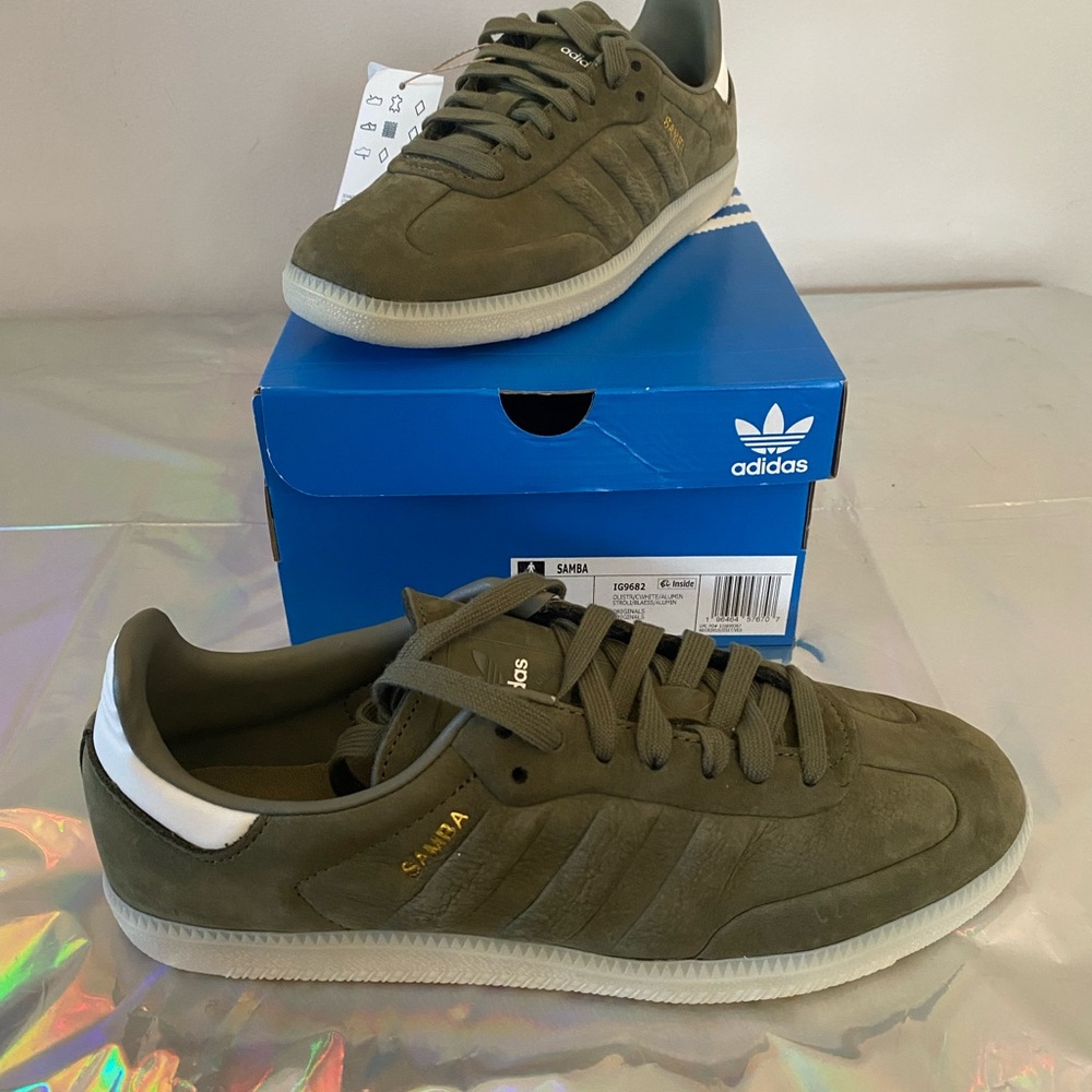 adidas Samba Olive Green Suede Trainers with White Heel